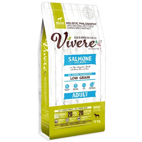 Vivere ויורה מזון הוליסטי סלמון לכלבים בוגרים מגזע בינוני 12 ק"ג